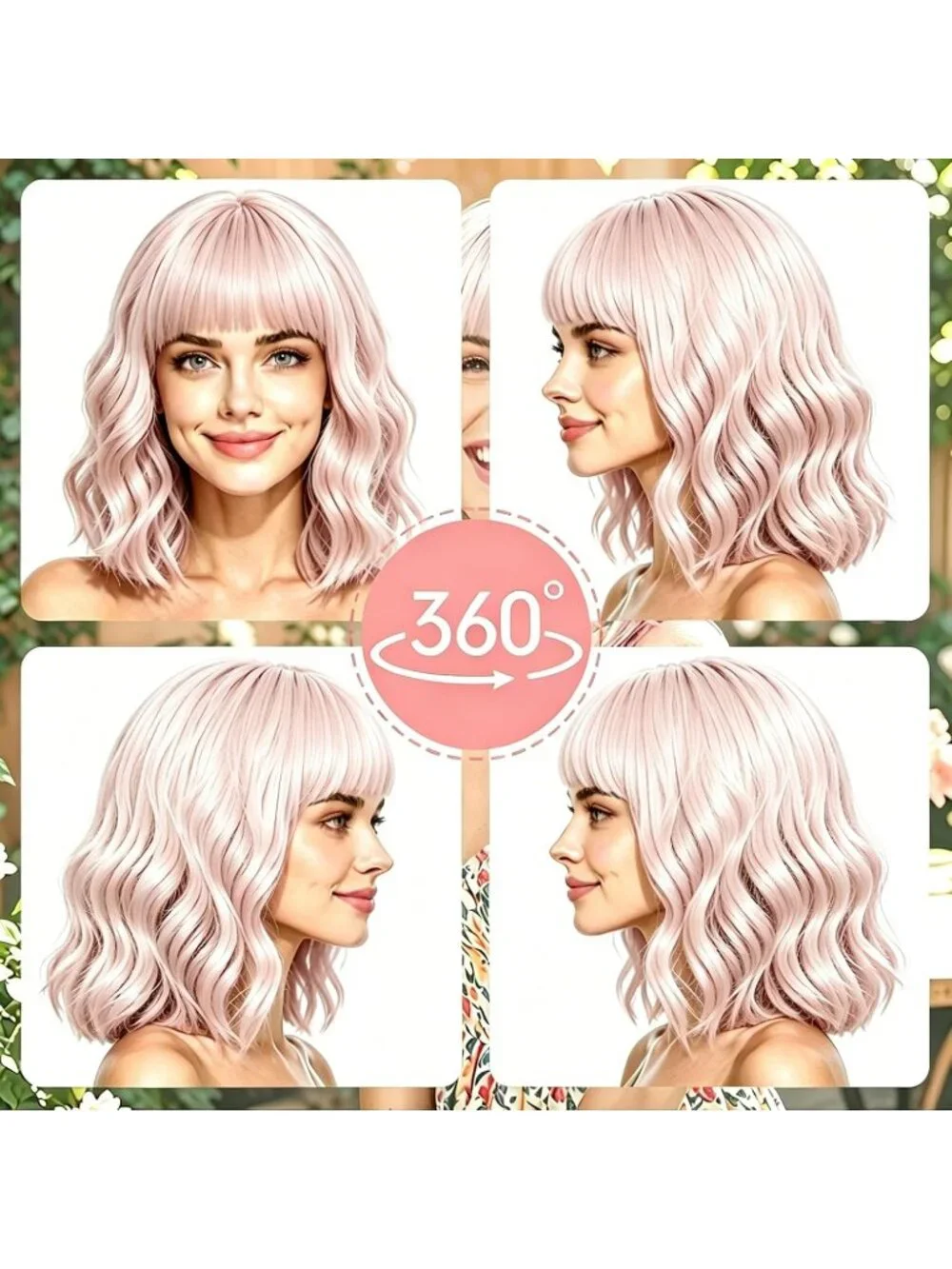 Women's Light Pink Curly Bob Synthetic Wigs Bangs With Neon Heart Sunglasses